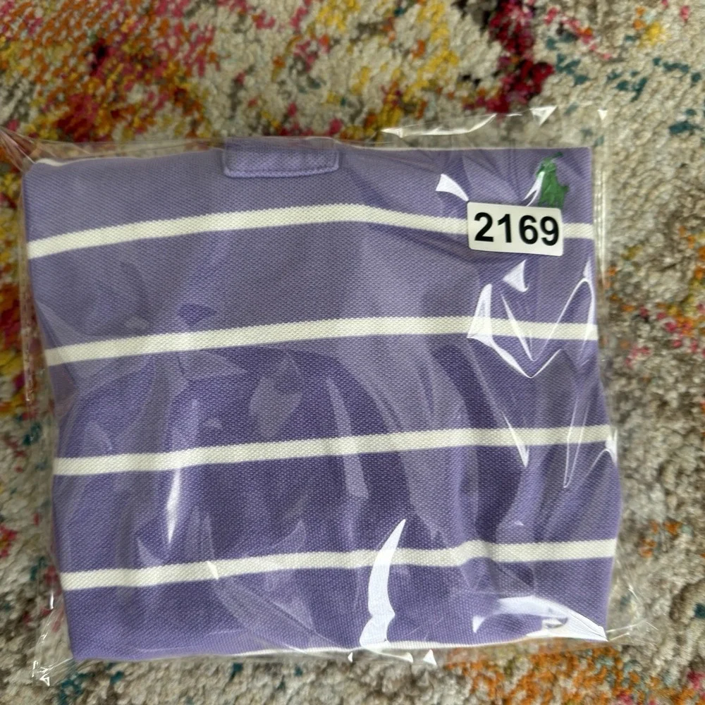Vintage Y2K Polo Ralph Lauren Striped Polo Shirt Large Purple White Green Pony